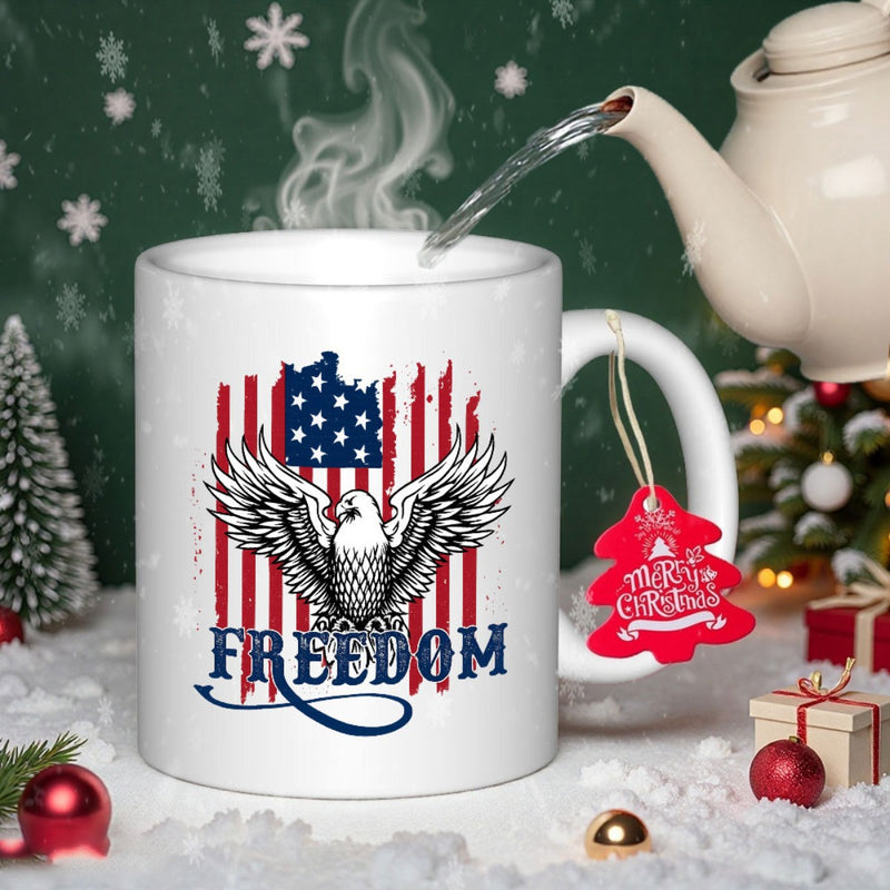 Tailorly White Ceramic 11 oz Mug - Freedom Patriotic American Flag With Distressed Stripes Behind Majestic Wingspread Eagle