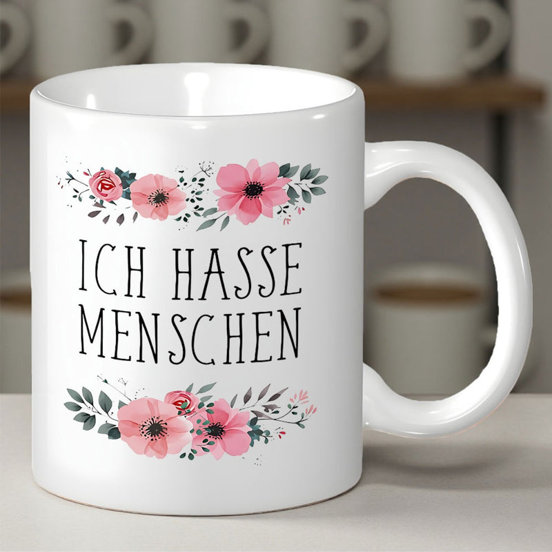 Tailorly White Ceramic 11 oz Mug - Soft Pink Watercolor Floral Blooms Nestled Between Delicate Green Botanical Leaves Flower