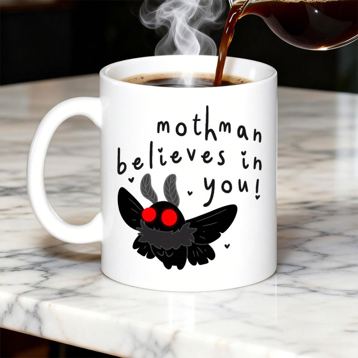 Tailorly White Ceramic 11 oz Mug - Mothman Believes In You Mysterious Dark Winged Creature With Glowing Red Eyes And Tiny Hearts Mothman