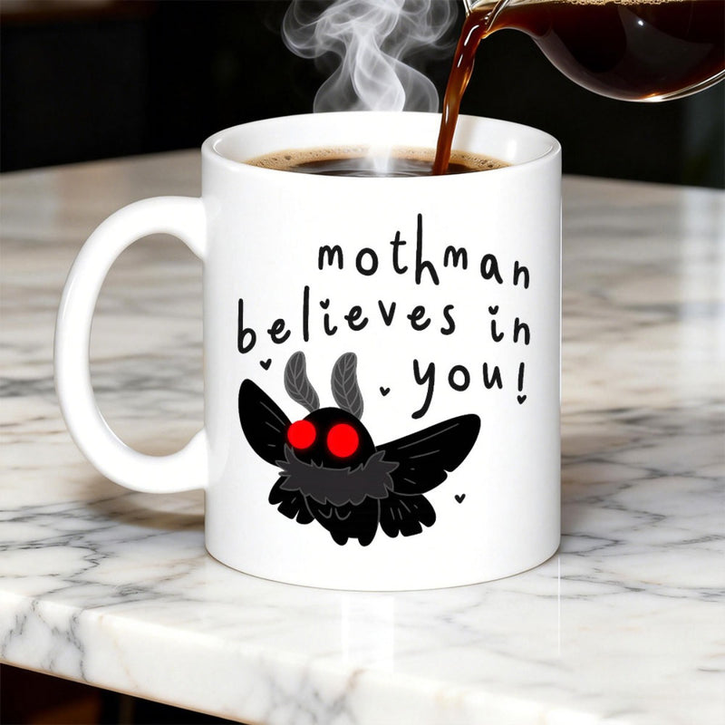 Tailorly White Ceramic 11 oz Mug - Mothman Believes In You Mysterious Dark Winged Creature With Glowing Red Eyes And Tiny Hearts Mothman