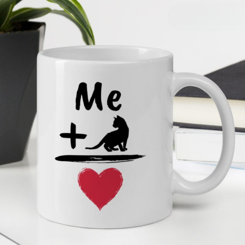 Tailorly White Ceramic 11 oz Mug - Me Silhouette Of A Sitting Black Cat With Red Textured Heart Cat