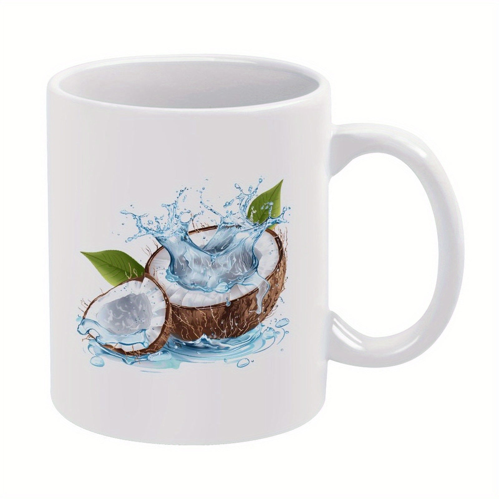 Tailorly White Ceramic 11 oz Mug - Refreshing Splash Of Tropical Water Surrounding Split Fruit With Leaves Coconut