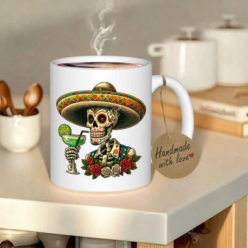 Tailorly White Ceramic 11 oz Mug - Mexican Day Of The Dead Calavera Holding Cocktail Under Ornate Sombrero Skeleton