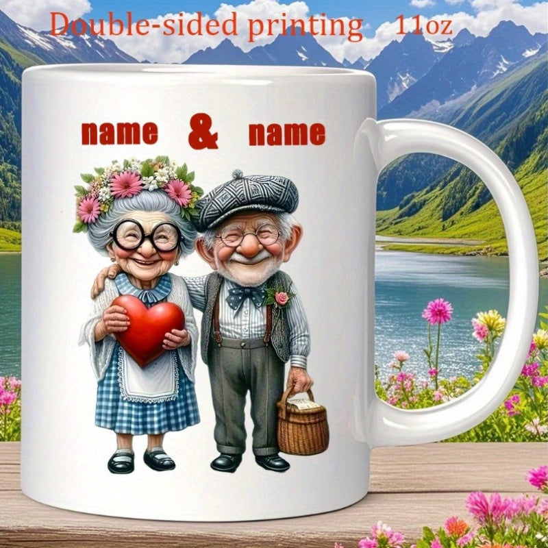 Tailorly White Ceramic 11 oz Mug - Name Name Adorable Senior Partners Smiling Brightly Among Blooming Flowers With A Heart Couple