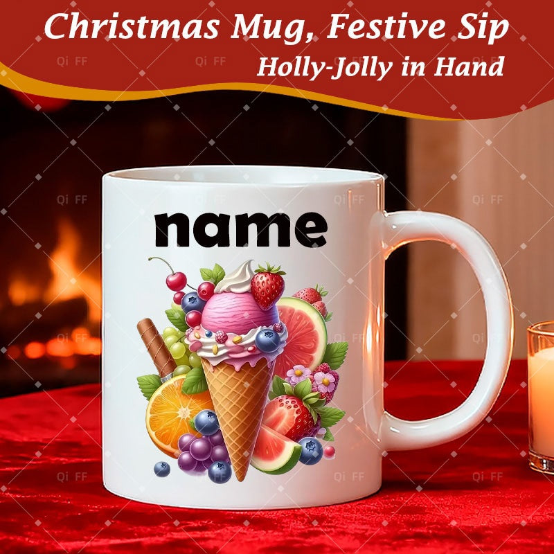 Tailorly White Ceramic 11 oz Mug - Name Christmas Mug Festive Sip Holly Jolly In Hand Delicious Pink Cone With Vibrant Assorted Fresh Fruits Among Berries Ice