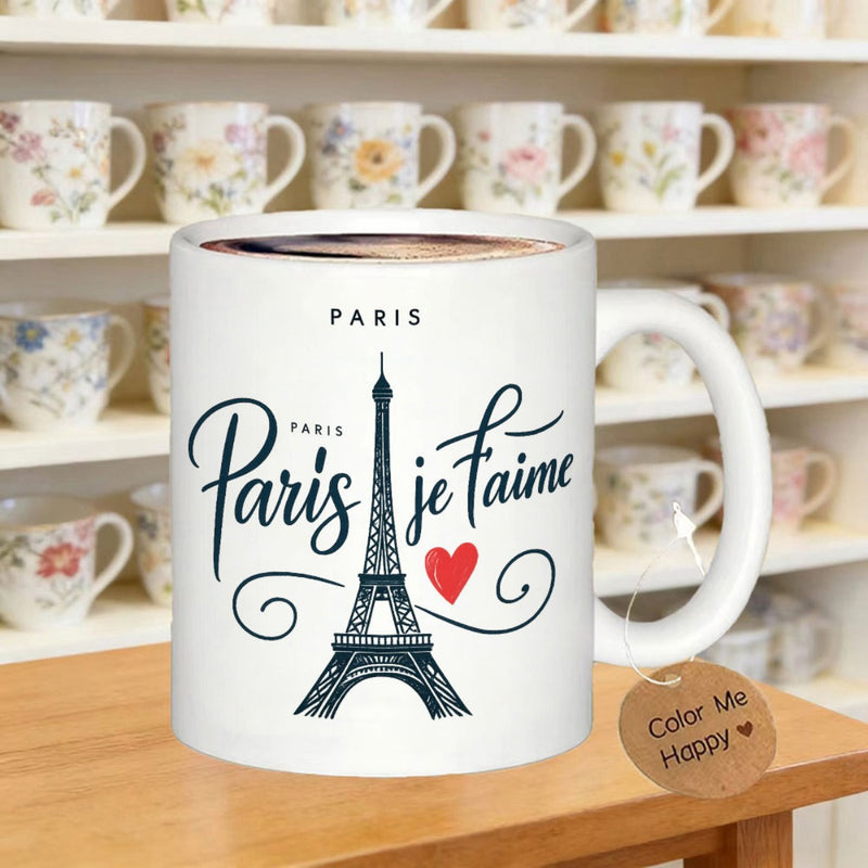 Tailorly White Ceramic 11 oz Mug - Paris Detailed Artistic Iron Structure Silhouette With Red Heart And Swirls Tower