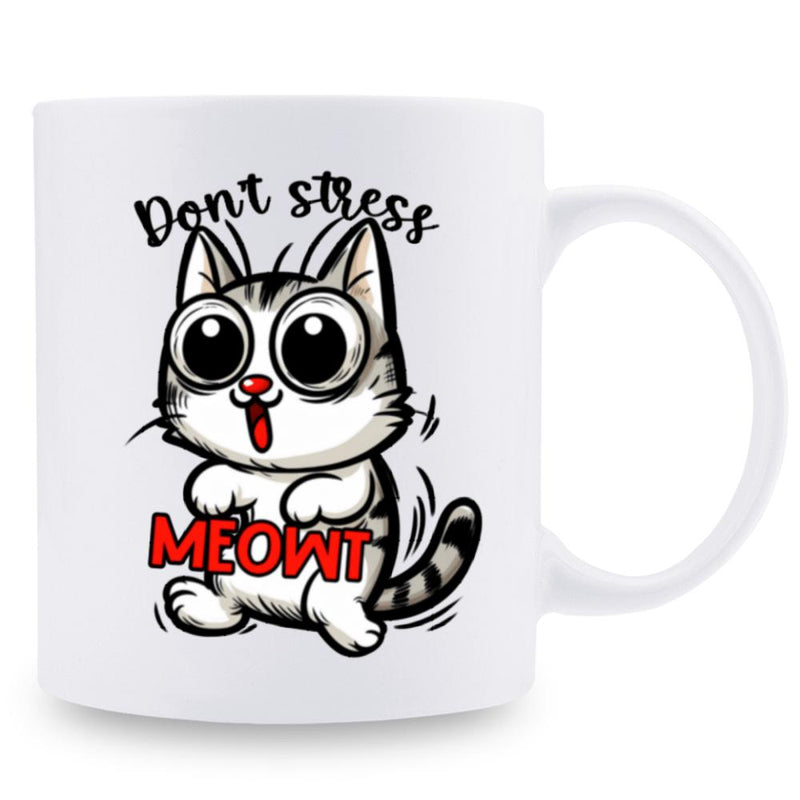 Tailorly White Ceramic 11 oz Mug - Dont Stress Meowt Playful Wide Eyed Striped Kitten Showing A Surprised Expression Cat