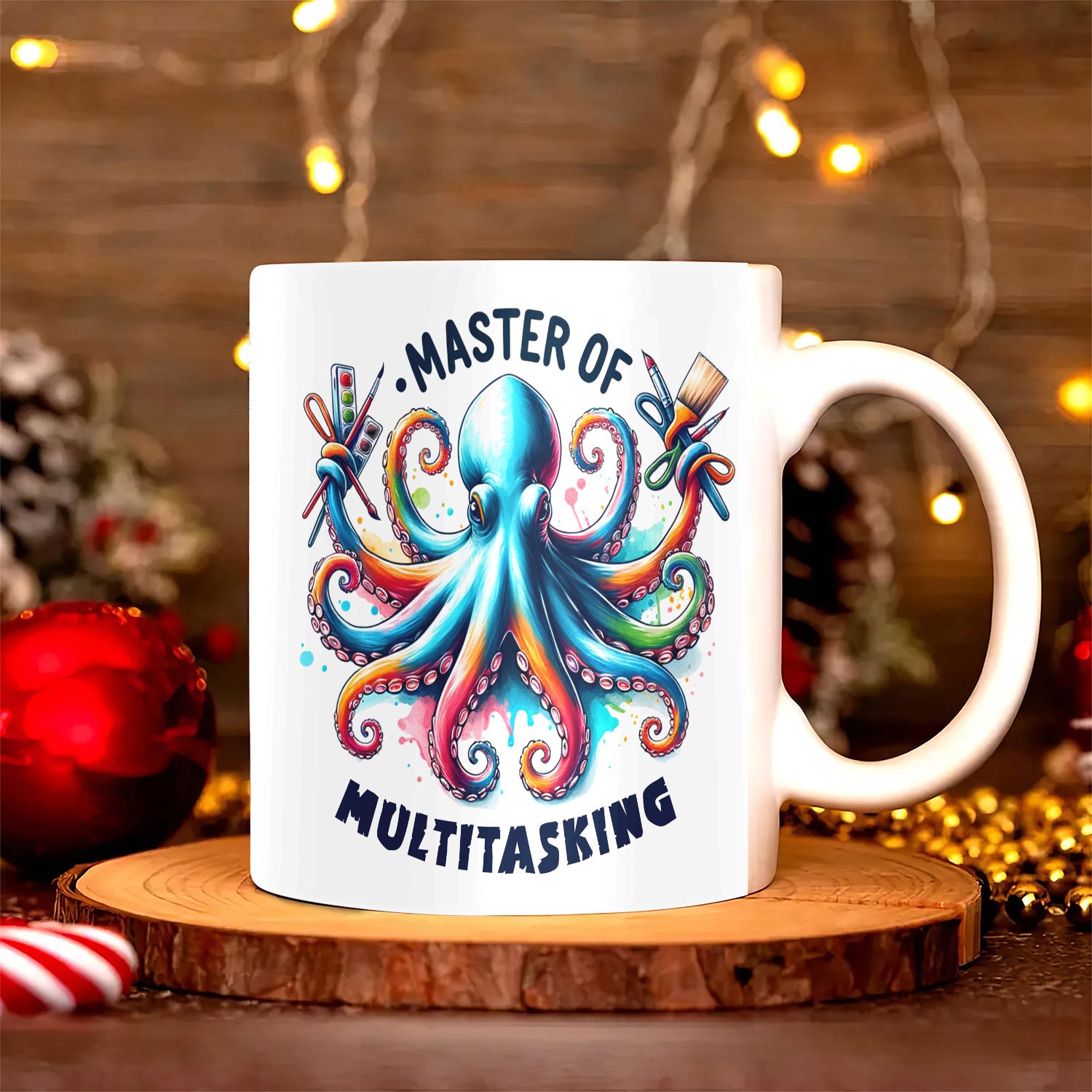 Tailorly White Ceramic 11 oz Mug - Master Of Multitasking Colorful Artistic Creature Holding Brushes And Pencils With Multiple Tentacles Octopus