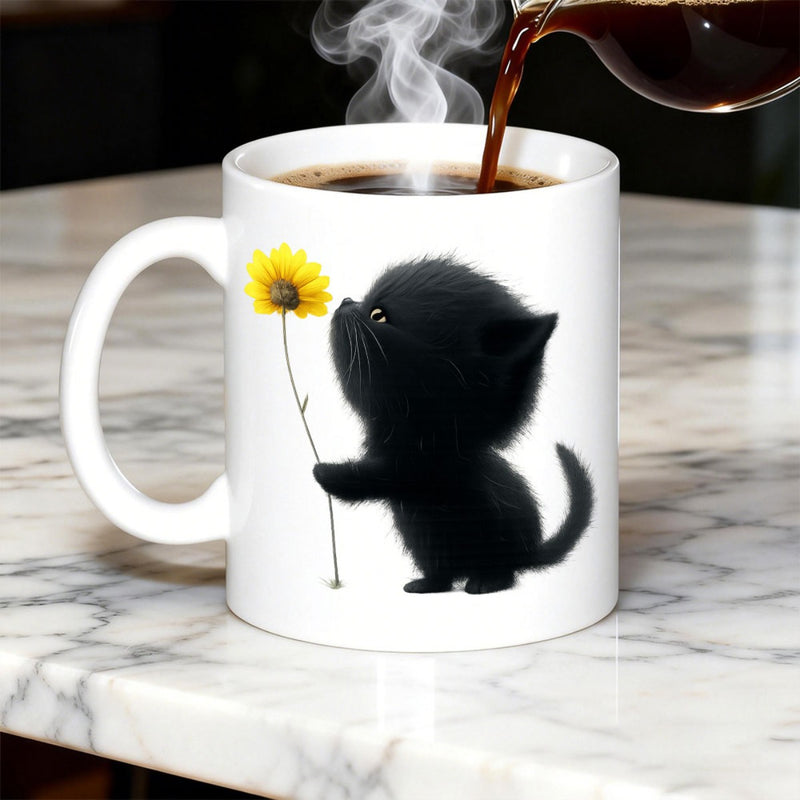 Tailorly White Ceramic 11 oz Mug - Adorable Fluffy Black Kitten Holding A Tall Yellow Sunflower Stem Kitten