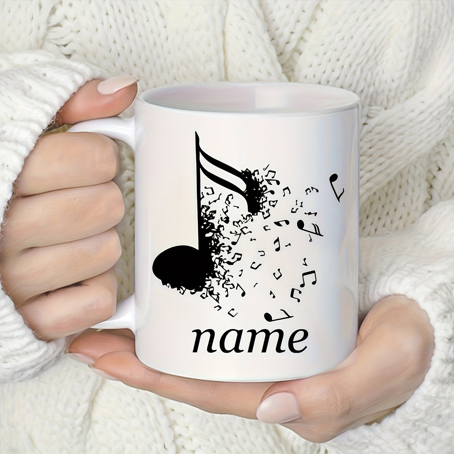Tailorly White Ceramic 11 oz Mug - Name Artistic Large Quaver Breaking Into Numerous Tiny Scattered Melodic Elements Note