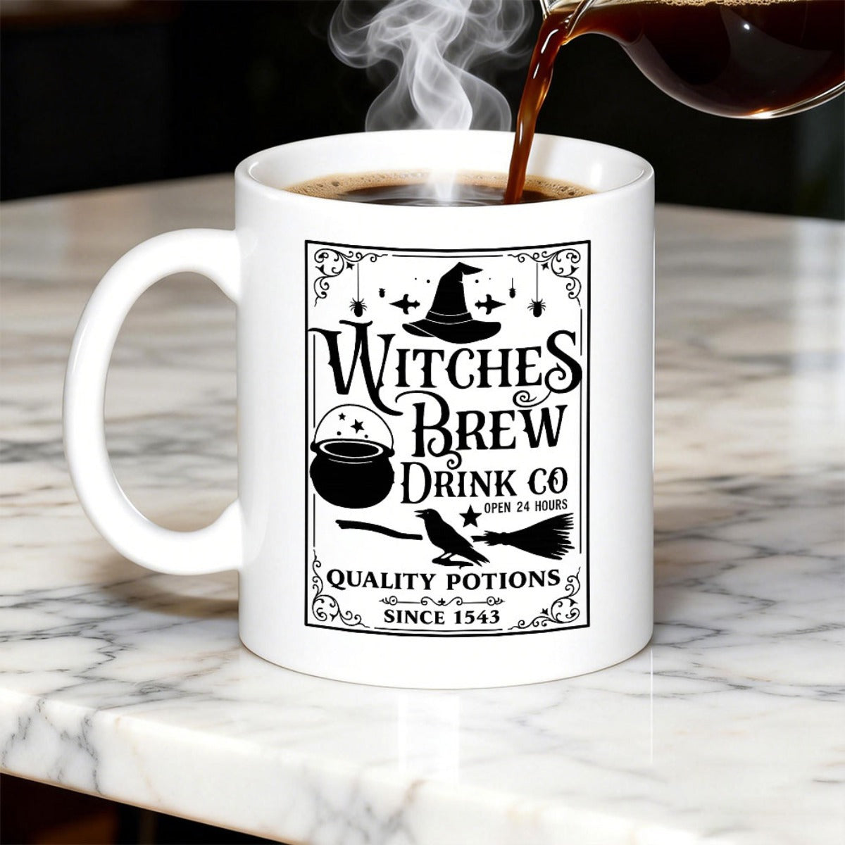 Tailorly White Ceramic 11 oz Mug - Witches Brew Drink Co Quality Potions Since 1543 Vintage Aesthetic Featuring Bubbling Cauldron With Crow And Broomstick Potions