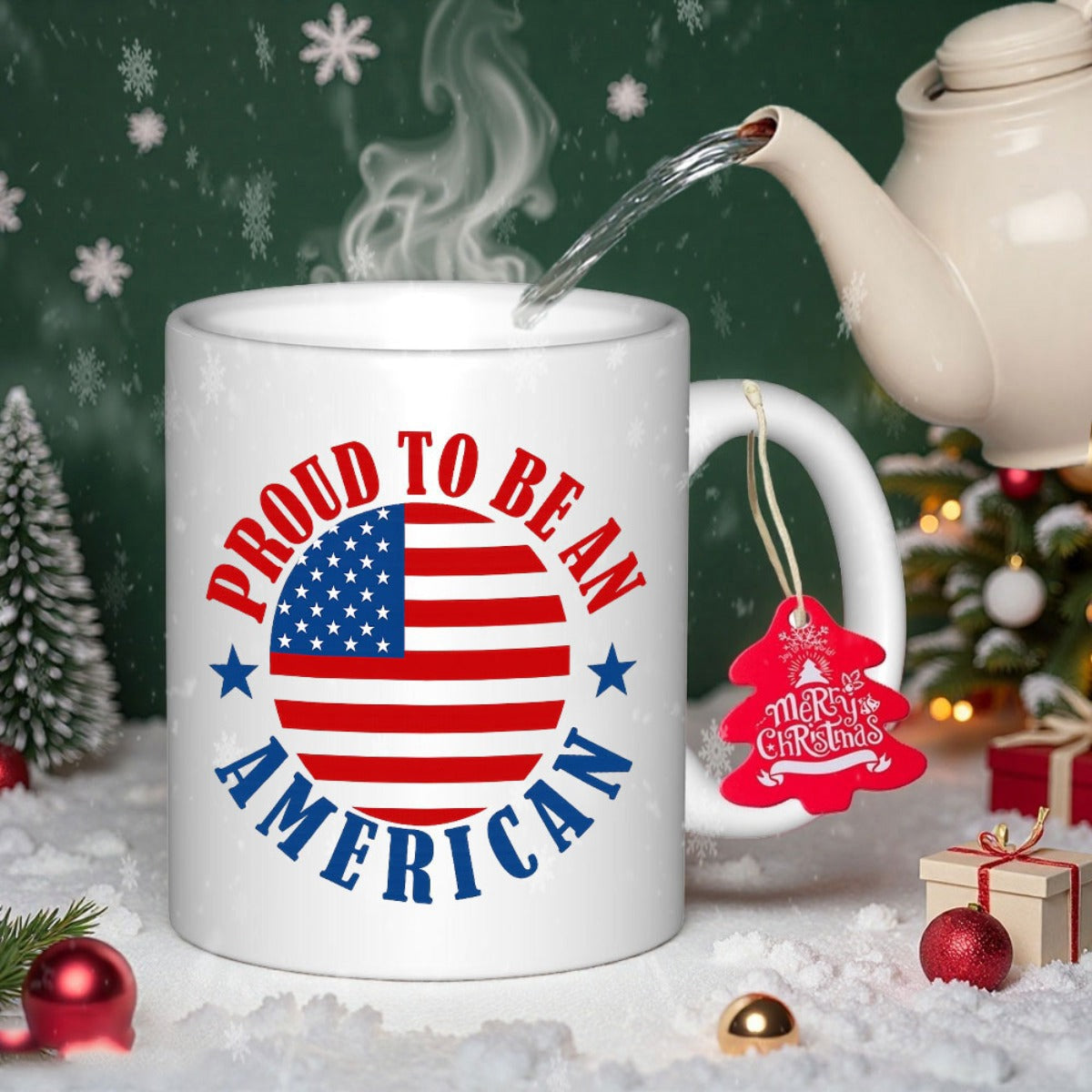 Tailorly White Ceramic 11 oz Mug - Proud To Be An American Patriotic Circular American Flag Featuring Bold Stars And Red White Stripes Mug
