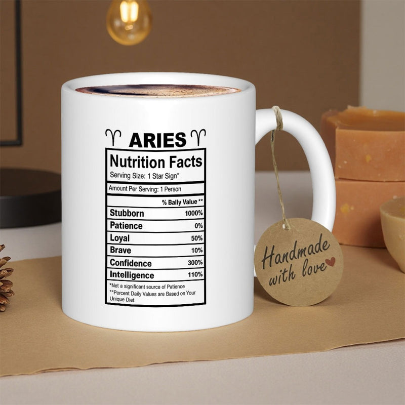 Tailorly White Ceramic 11 oz Mug - Aries Nutrition Facts Minimalist Black Ink Table Listing Personality Traits For Zodiac Sign Mug