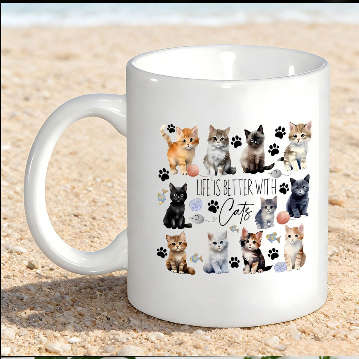 Tailorly White Ceramic 11 oz Mug - Life Is Better With Cats Adorable Diverse Little Kittens Playing Among Small Paw Prints And Yarn Kittens