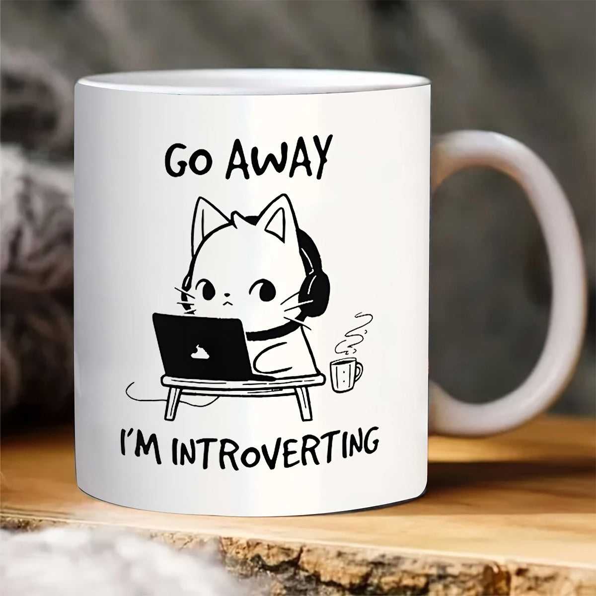 Tailorly White Ceramic 11 oz Mug - Go Away Im Introverting Adorable Cartoon White Cat Wearing Black Headphones Working On Laptop Cat