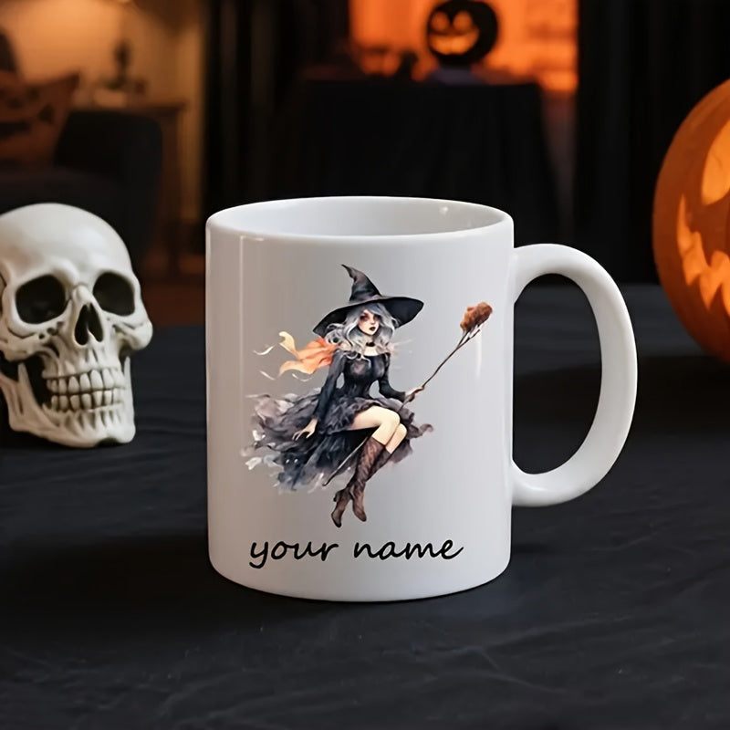 Tailorly White Ceramic 11 oz Mug - Your Name Elegant Anime Style Figure Riding A Magic Broomstick Witch