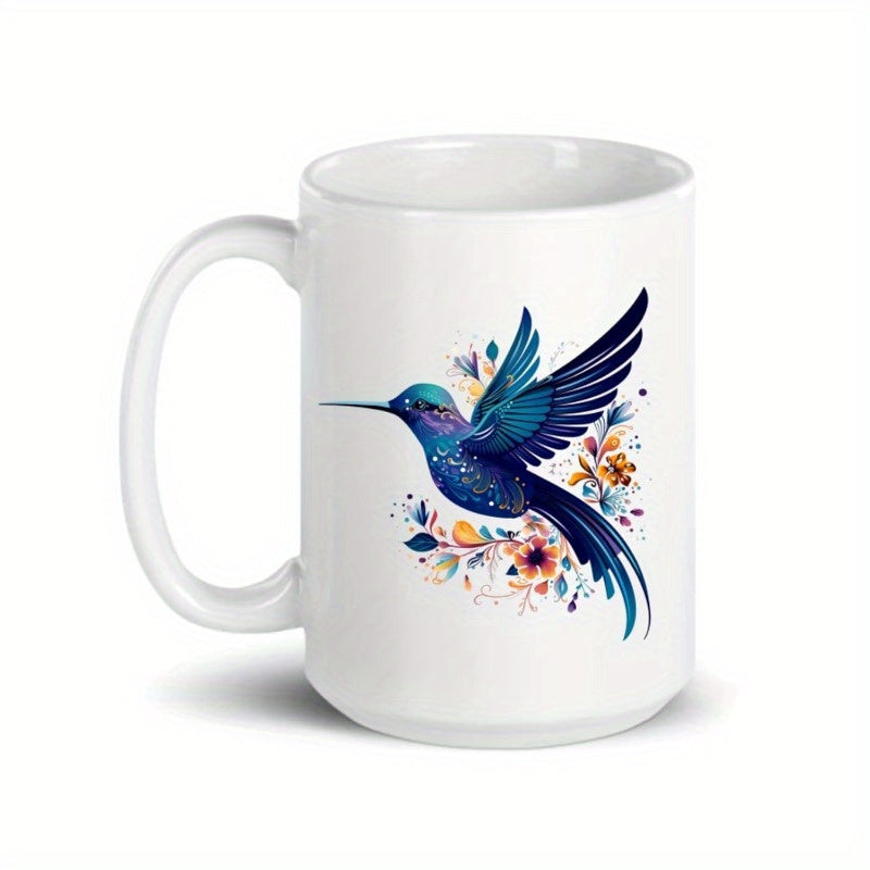 Tailorly White Ceramic 11 oz Mug - Graceful Teal Hummingbird Hovering Among Delicate Colorful Spring Floral Accents Hummingbird