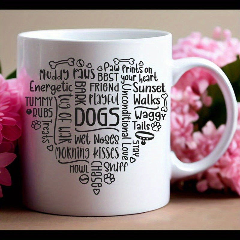 Tailorly White Ceramic 11 oz Mug - Dogs Muddy Paws Waggy Tails Artistic Word Cloud Arrangement Featuring Paw Prints And Dog Bones Heart