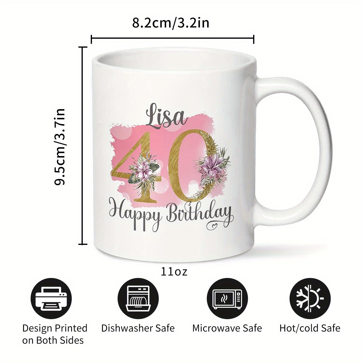 Tailorly White Ceramic 11 oz Mug - Lisa Happy Birthday Elegant Golden Numbers Decorated With Soft Lavender Flowers And Pink Watercolor Forty