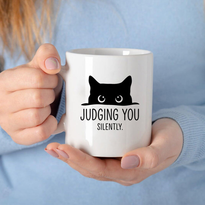 Tailorly White Ceramic 11 oz Mug - Judging You Silently Minimalist Peeking Black Feline Silhouette With Large Curious Eyes Cat