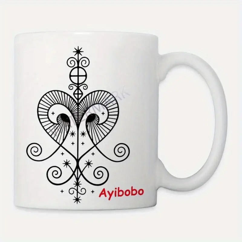 Tailorly White Ceramic 11 oz Mug - Ayibobo Intricate Black Symmetrical Spiritual Line Art With Elegant Swirls And Stars Heart