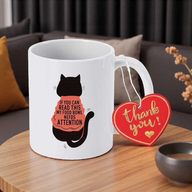 Tailorly White Ceramic 11 oz Mug - If You Can Read This My Food Bowl Needs Attention Minimalist Black Silhouette Sitting From Behind Wearing Small Sweater Cat