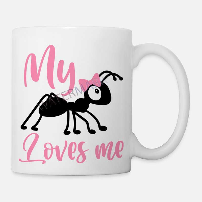 Tailorly White Ceramic 11 oz Mug - My Loves Me Whimsical Tiny Black Cartoon Insect Featuring A Decorative Small Pink Bow Ant