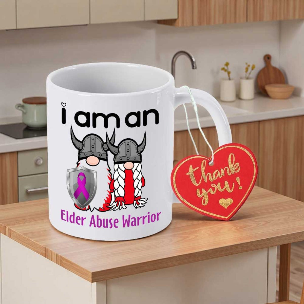 Tailorly White Ceramic 11 oz Mug - I Am An Elder Abuse Warrior Two Viking Gnomes Holding Shield With Purple Awareness Ribbon Gnome