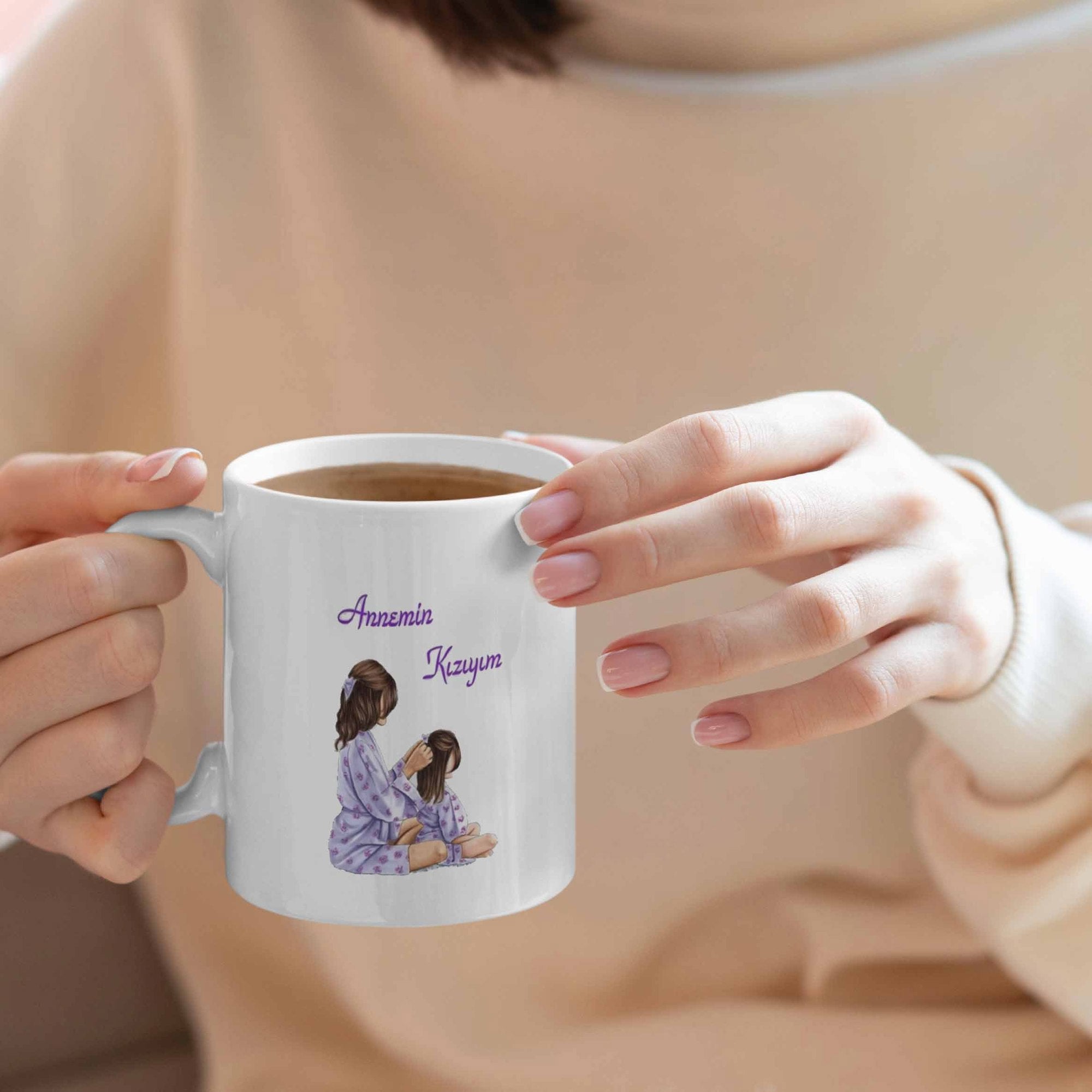 Tailorly White Ceramic 11 oz Mug - Sweet Hand Drawn Illustration Of A Mother And Daughter Relaxing Together Mug