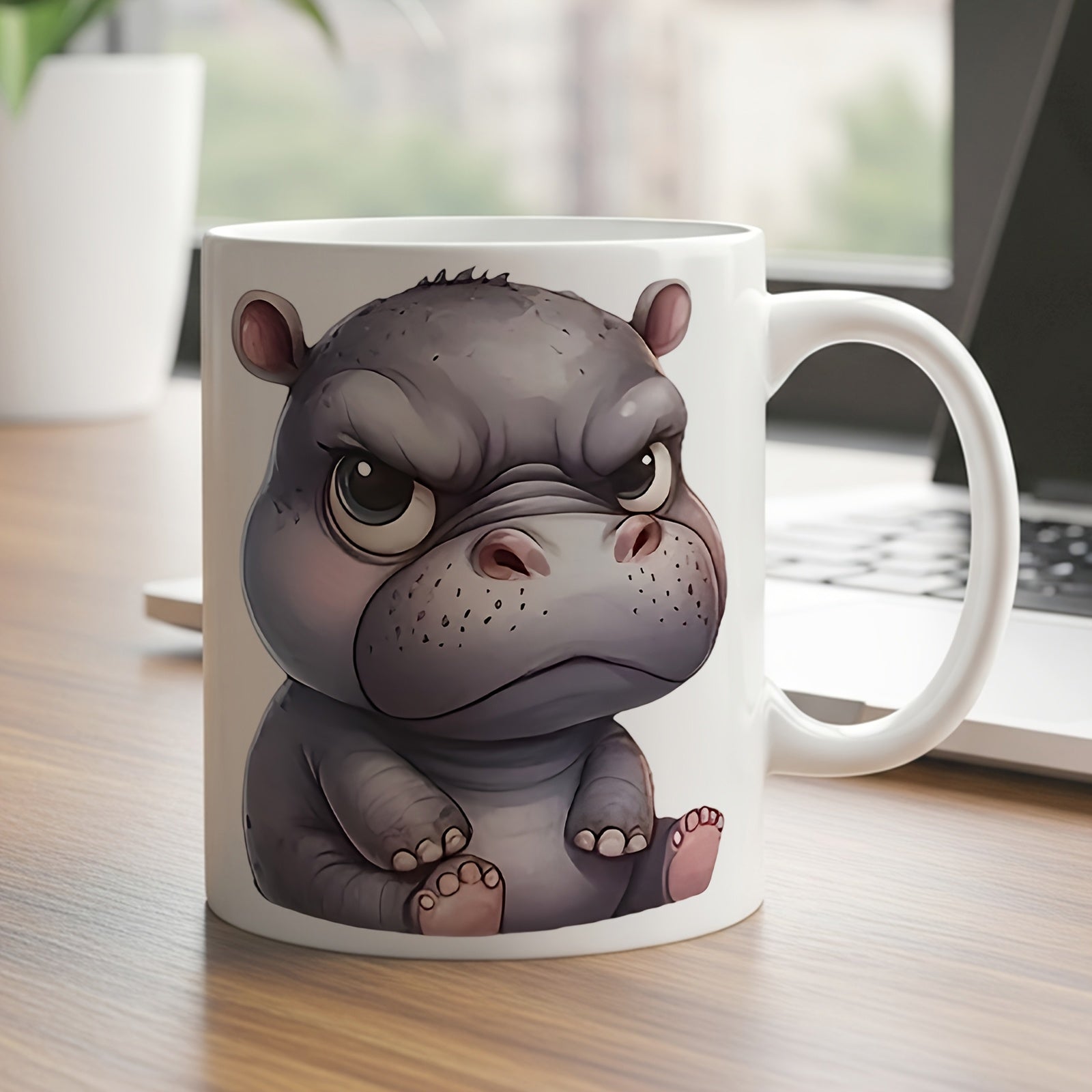 Tailorly White Ceramic 11 oz Mug - Funny Grumpy Little Baby Animal Sitting With An Angry Face Expression Hippo