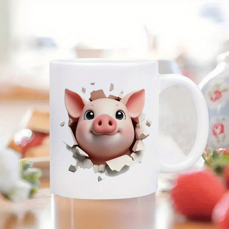 Tailorly White Ceramic 11 oz Mug - Cute Pink 3D Cartoon Animal Breaking Through White Stone Wall Pig