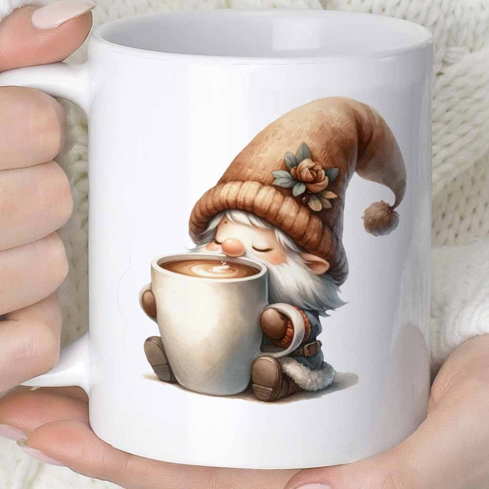 Tailorly White Ceramic 11 oz Mug - Whimsical Little Forest Creature With Long Beard Holding Warm Coffee Mug Gnome