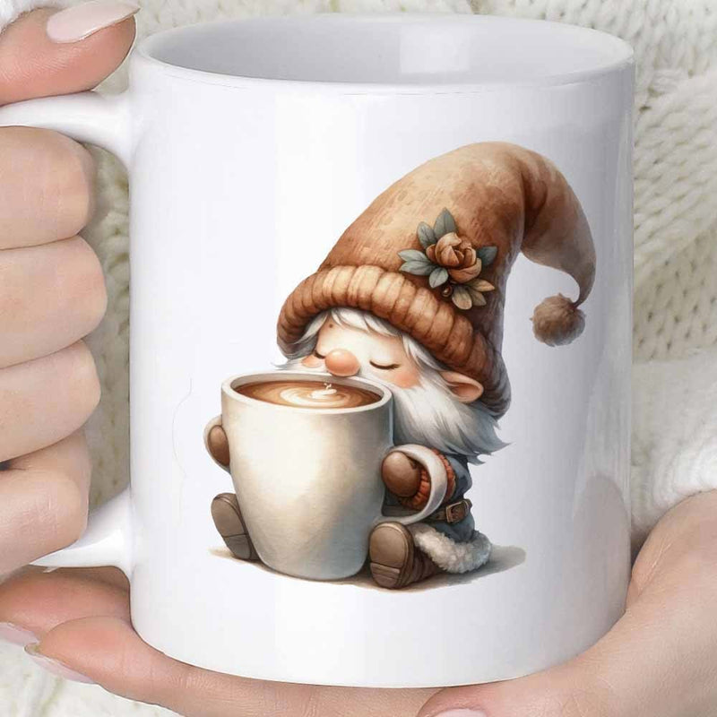 Tailorly White Ceramic 11 oz Mug - Whimsical Little Forest Creature With Long Beard Holding Warm Coffee Mug Gnome