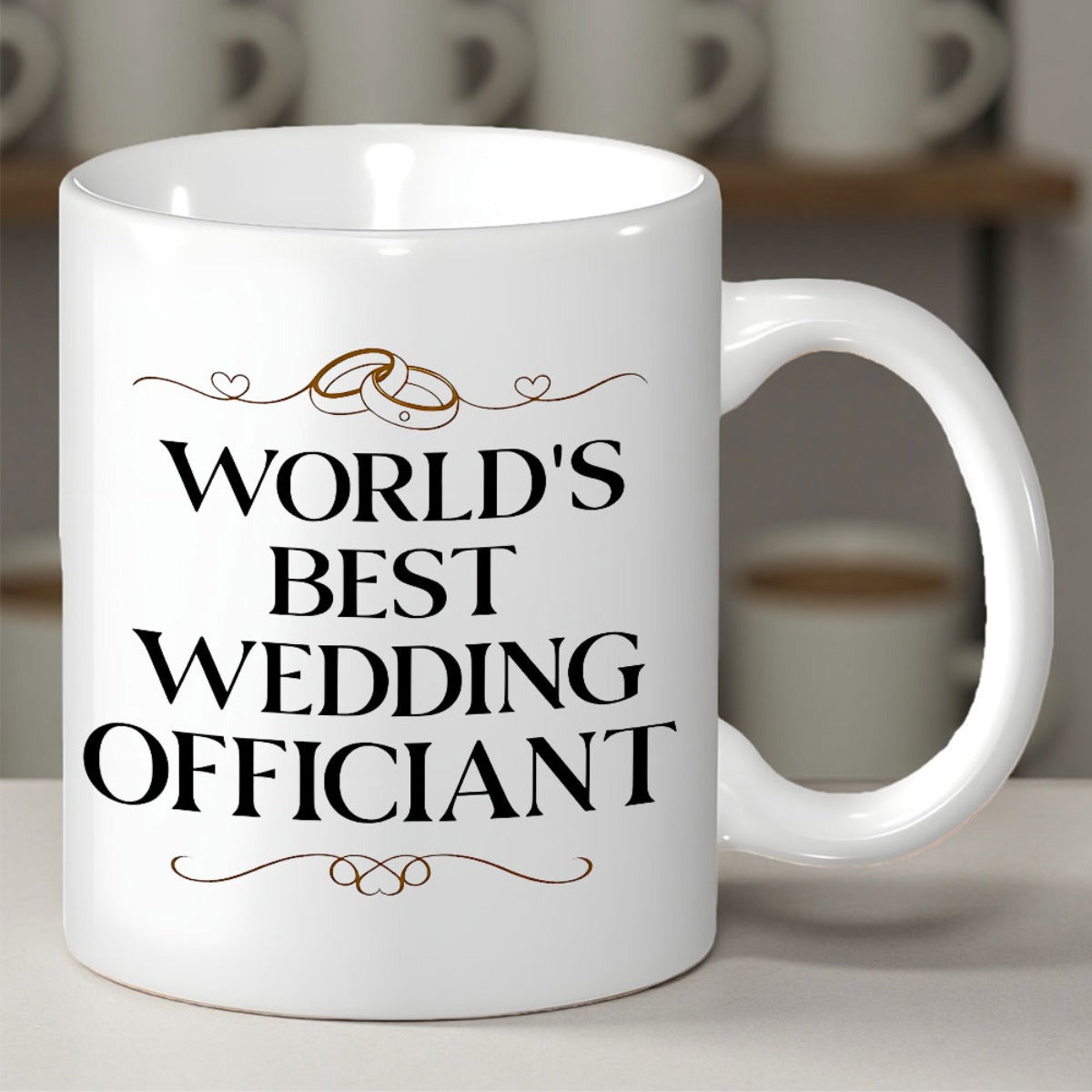 Tailorly White Ceramic 11 oz Mug - Worlds Best Wedding Officiant Golden Interlocking Circles Among Delicate Swirling Lines And Tiny Hearts Ring