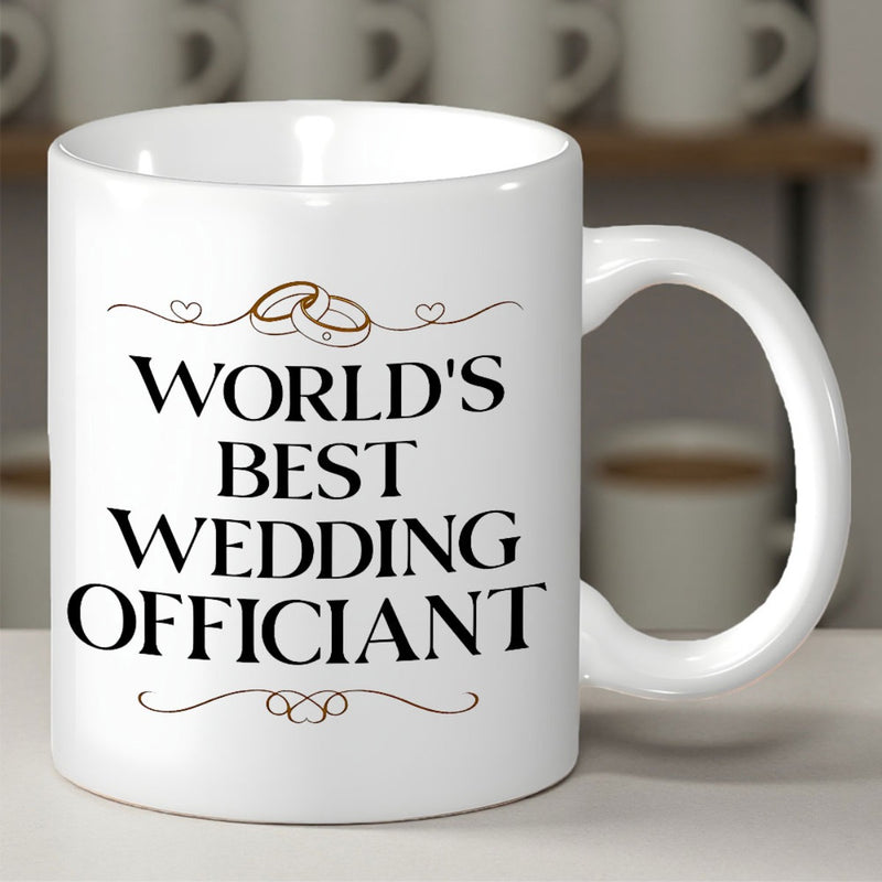 Tailorly White Ceramic 11 oz Mug - Worlds Best Wedding Officiant Golden Interlocking Circles Among Delicate Swirling Lines And Tiny Hearts Ring