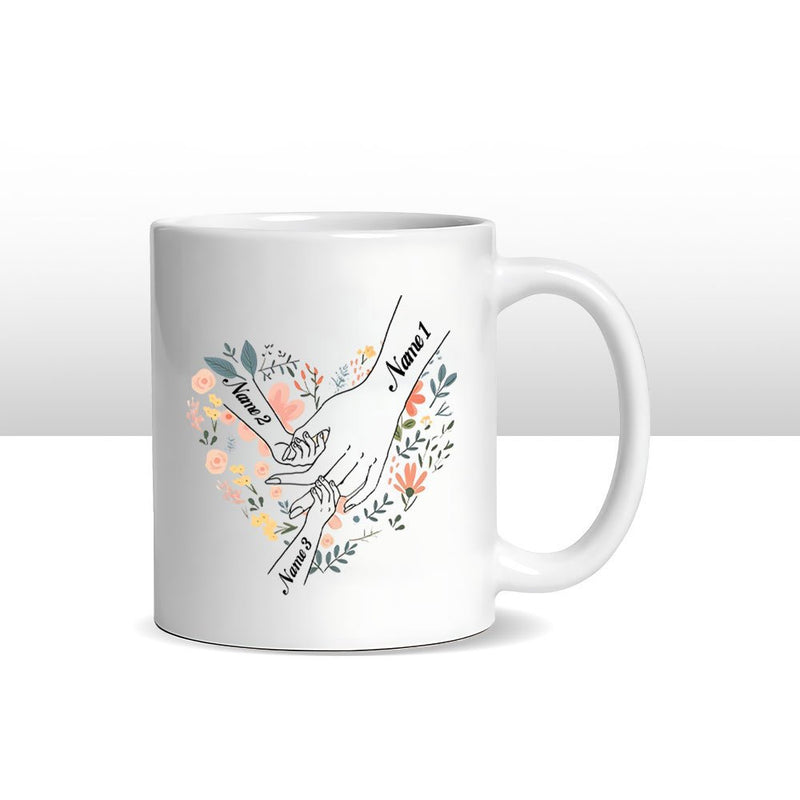 Tailorly White Ceramic 11 oz Mug - Delicate Floral Botanical Design Featuring Loving Human Connection Reaching Hands
