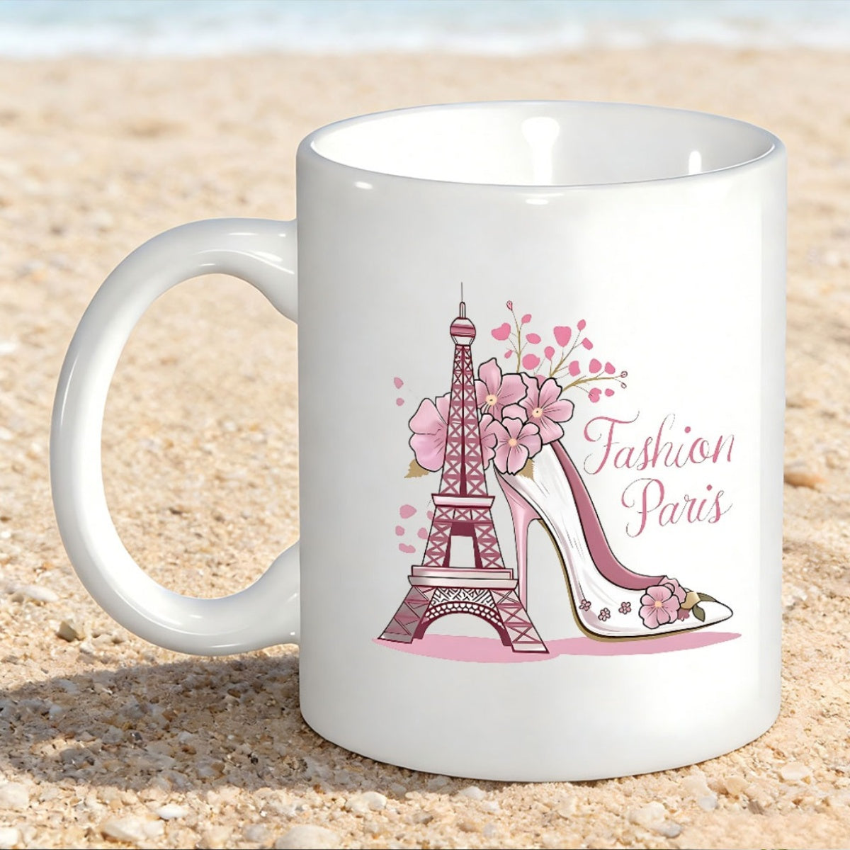 Tailorly White Ceramic 11 oz Mug - Fashion Paris Elegant Pink Floral Motif With Artistic Tower And Stylish High Heel Tower