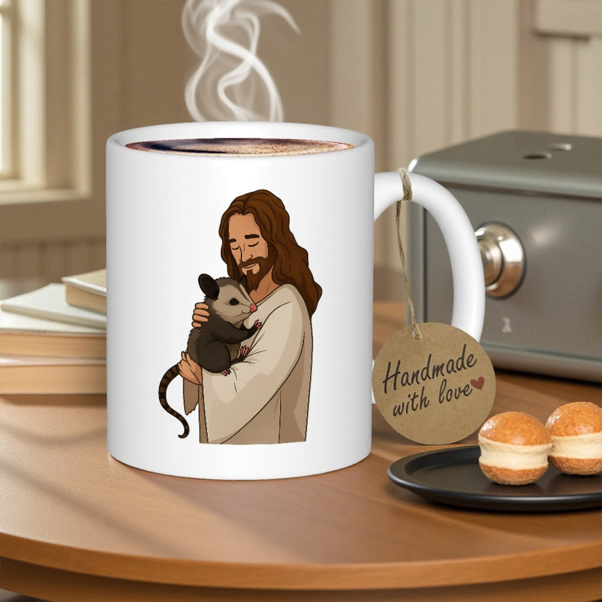 Tailorly White Ceramic 11 oz Mug - Peaceful Illustration Of Jesus Gently Embracing A Cute Small Possum