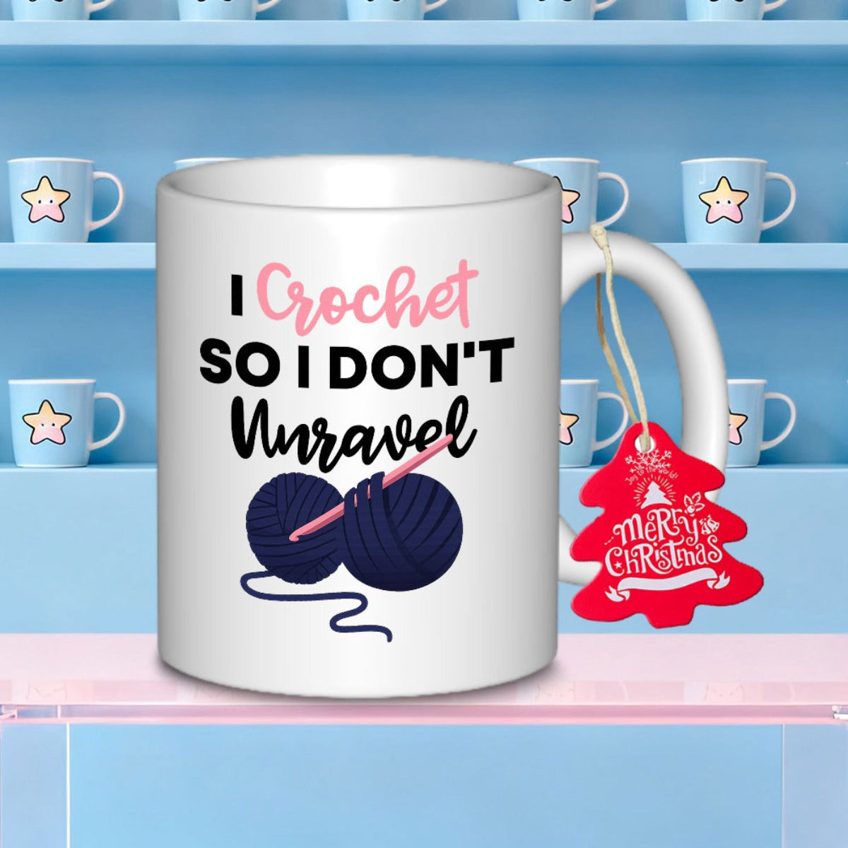 Tailorly White Ceramic 11 oz Mug - I Crochet So I Dont Unravel Two Balls Of Navy Blue Yarn With Pink Hook Mug