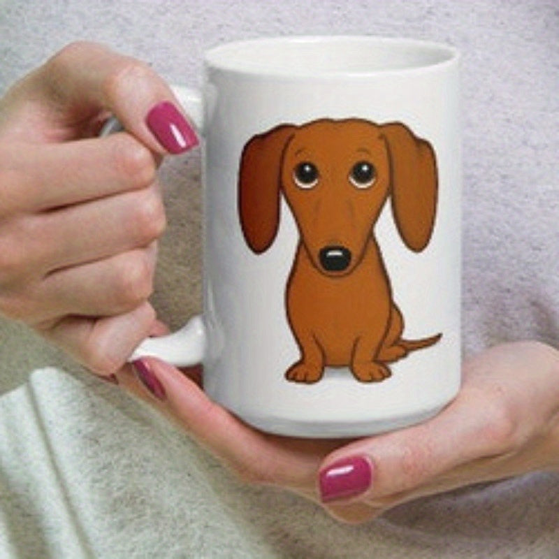 Tailorly White Ceramic 11 oz Mug - Adorable Brown Cartoon Puppy With Large Eyes Sitting Calmly Dachshund
