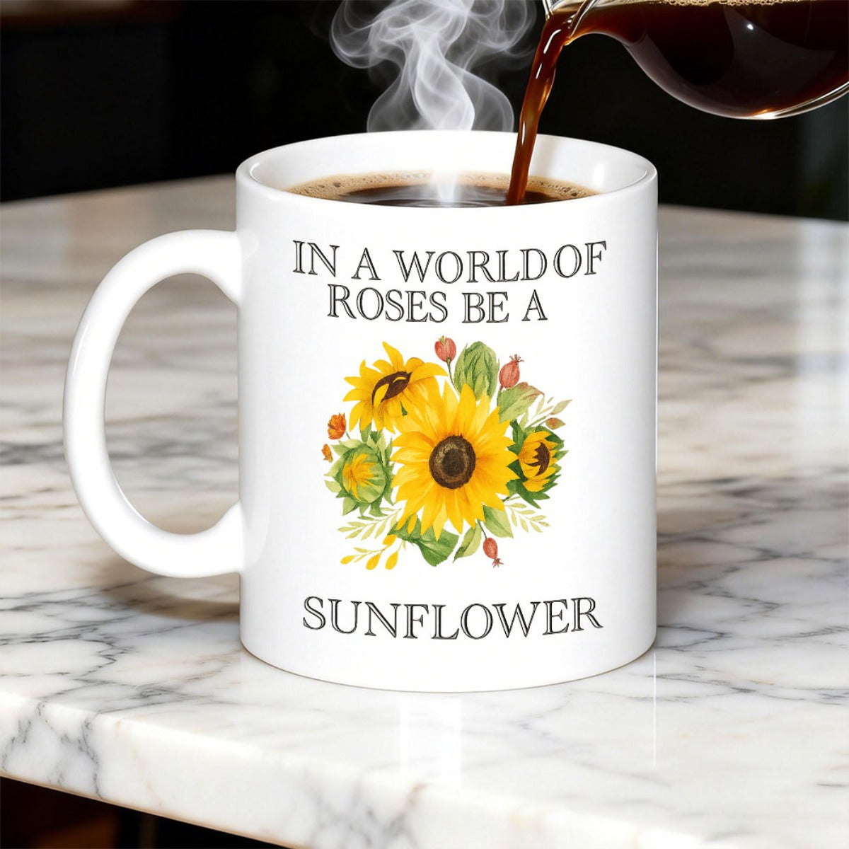 Tailorly White Ceramic 11 oz Mug - In A World Of Roses Be A Sunflower Vibrant Yellow Blooming Flowers With Lush Green Leaves And Autumn Accents Sunflower