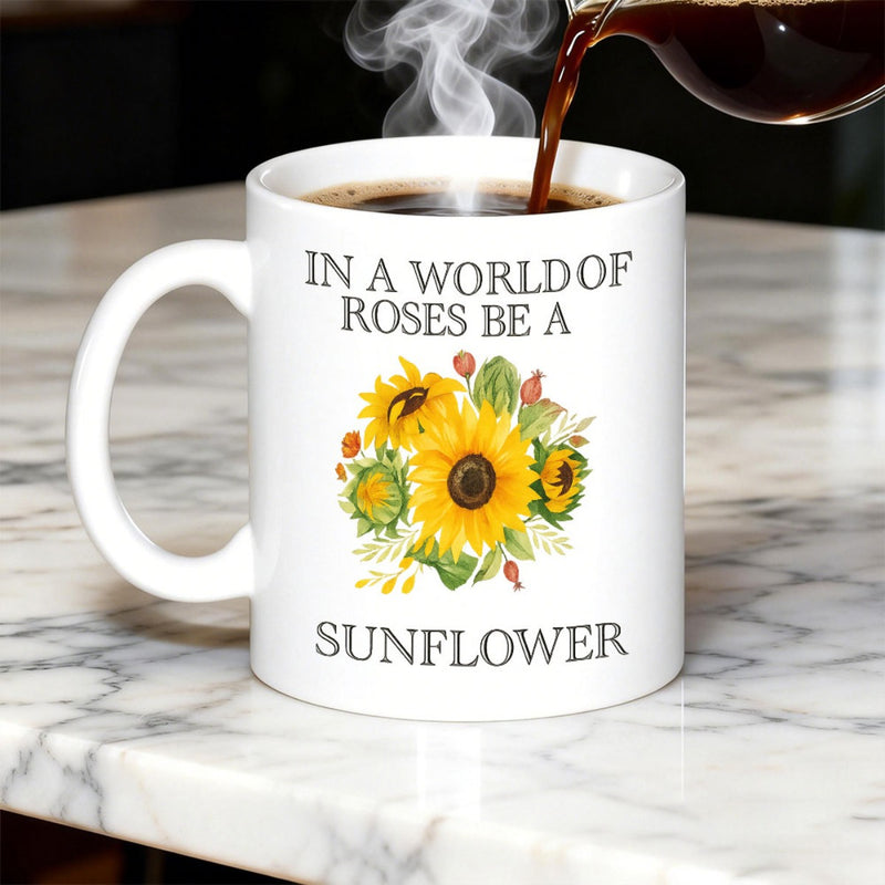 Tailorly White Ceramic 11 oz Mug - In A World Of Roses Be A Sunflower Vibrant Yellow Blooming Flowers With Lush Green Leaves And Autumn Accents Sunflower