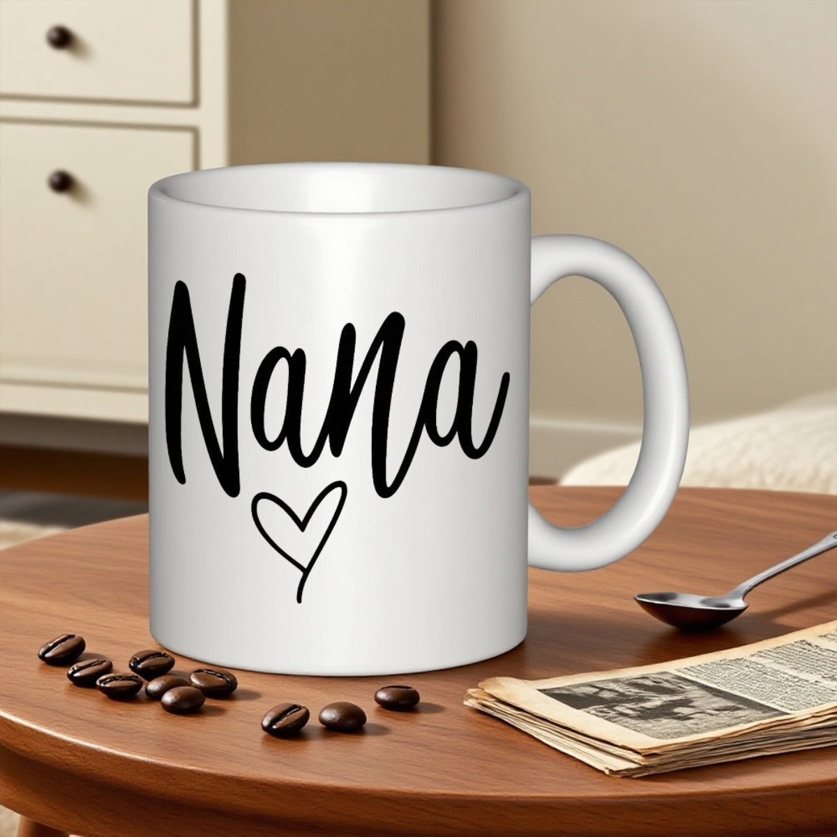 Tailorly White Ceramic 11 oz Mug - Nana Minimalist Black Handwritten Script Style Featuring A Small Delicate Hand Drawn Heart