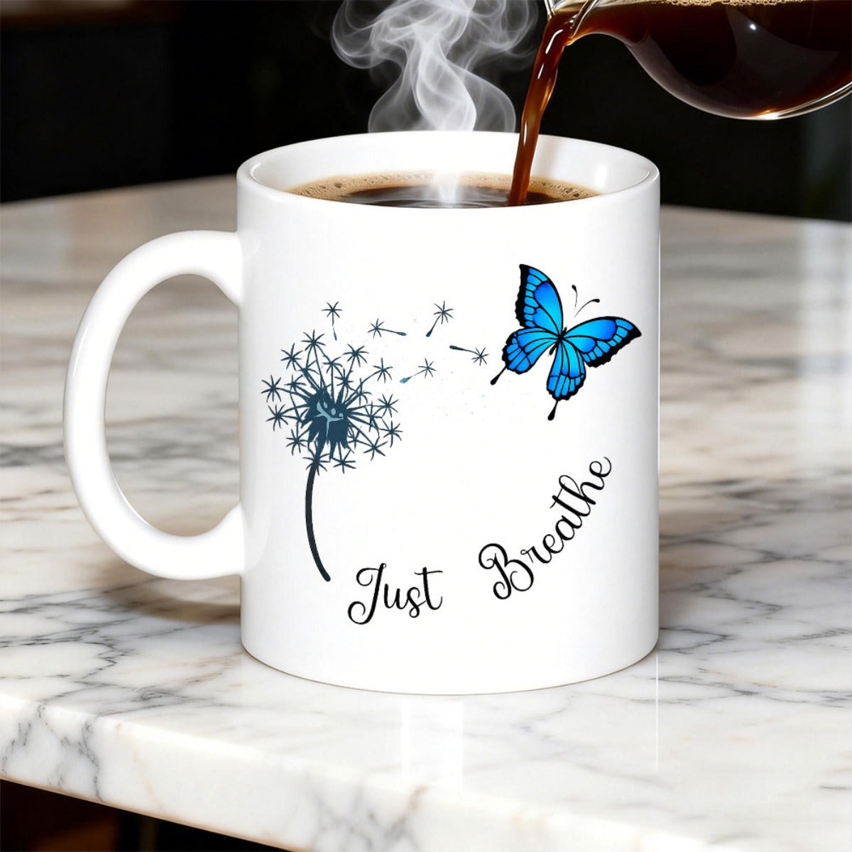Tailorly White Ceramic 11 oz Mug - Just Breathe Delicate Dandelion Seeds Drifting Towards A Vibrant Blue Butterfly