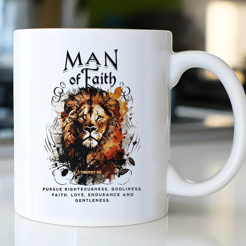 Tailorly White Ceramic 11 oz Mug - Man Of Faith Pursue Righteousness Godliness Faith Love Endurance Gentleness Majestic Artistic Watercolor Mane With Elegant