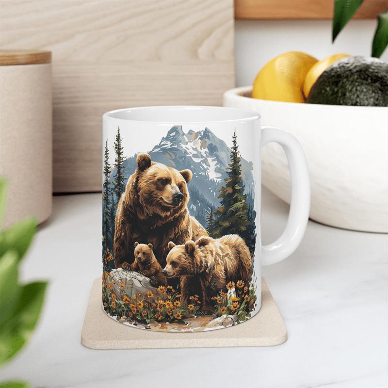 Tailorly White Ceramic 11 oz Mug - Majestic Grizzly Mother With Her Two Cubs Amidst Rugged Mountain Pine Trees Bear