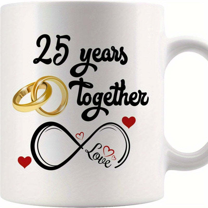 Tailorly White Ceramic 11 oz Mug - 25 Years Together Love Interlocking Golden Circles Featuring Infinity Symbol And Red Hearts Rings