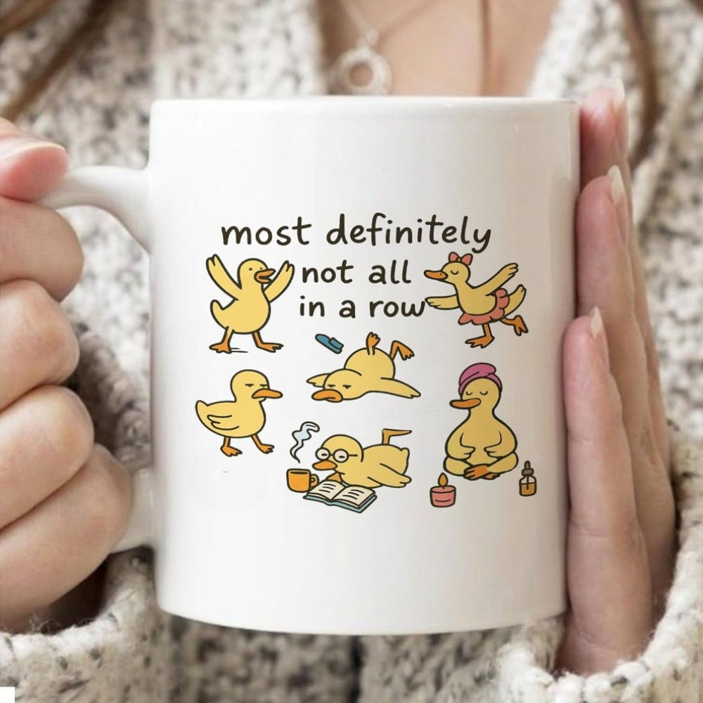 Tailorly White Ceramic 11 oz Mug - Most Definitely Not All In A Row Playful Yellow Cartoon Characters Posing Humorously Across A White Surface Duck