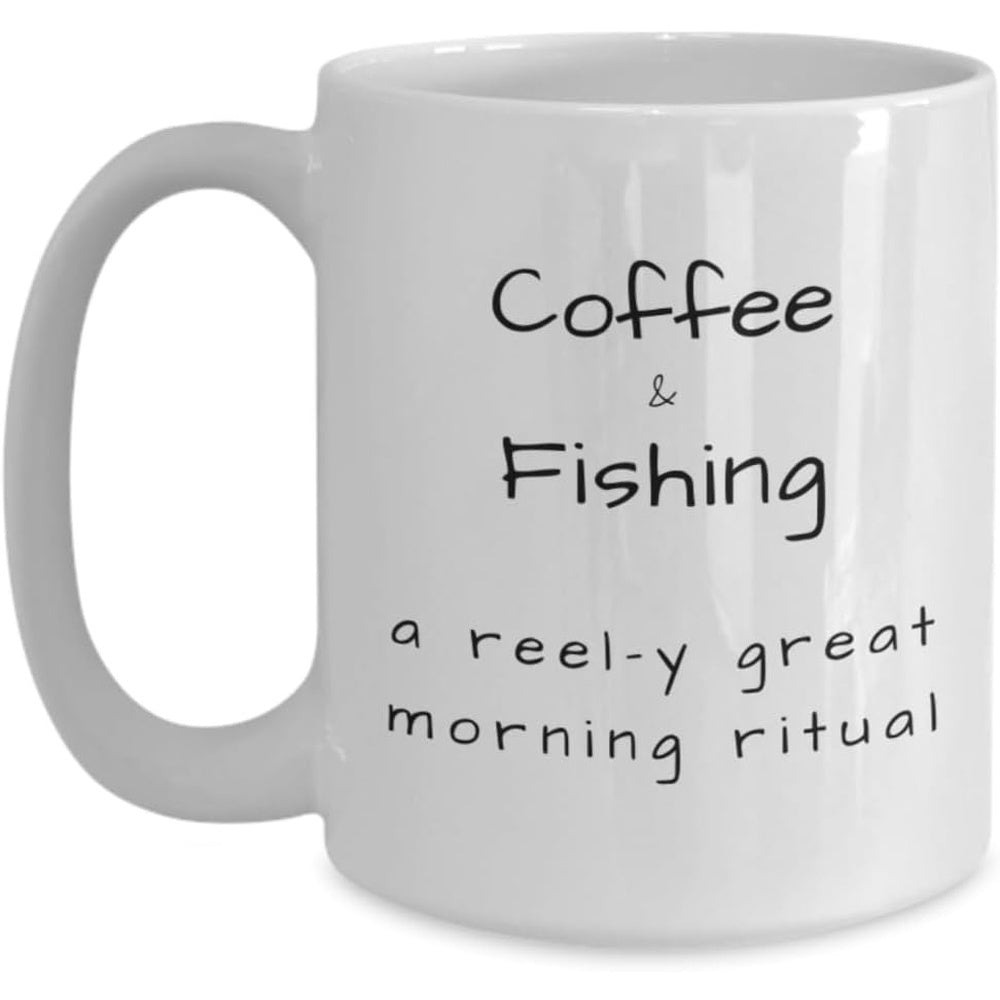 Tailorly White Ceramic 11 oz Mug - Coffee Fishing A Reel Y Great Morning Ritual Classic Minimalist White Vessel Featuring Stylish Hand Drawn Black Lettering Mug