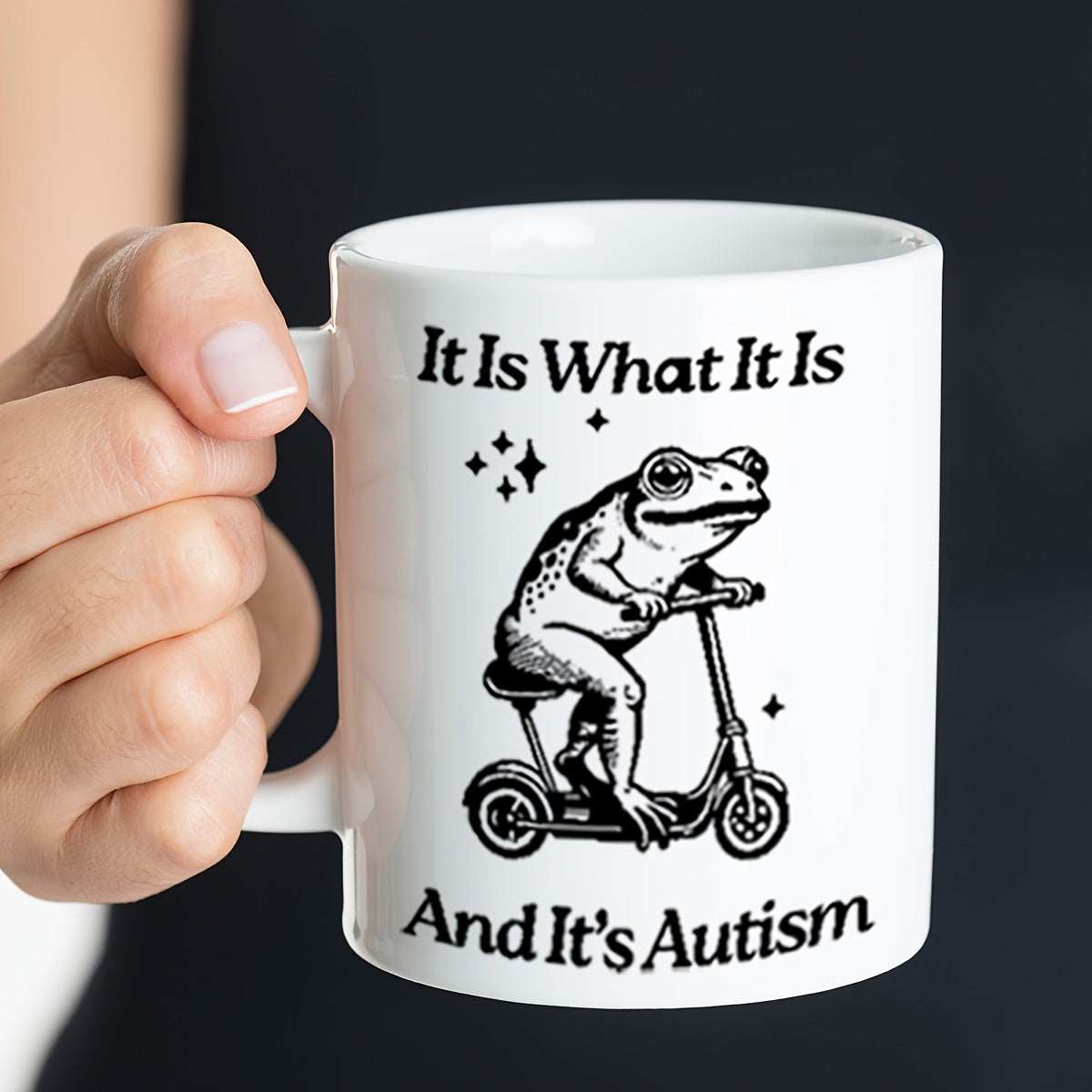 Tailorly White Ceramic 11 oz Mug - It Is What It Is And Its Autism Retro Vintage Illustration Of A Cute Small Frog Riding A Scooter Frog